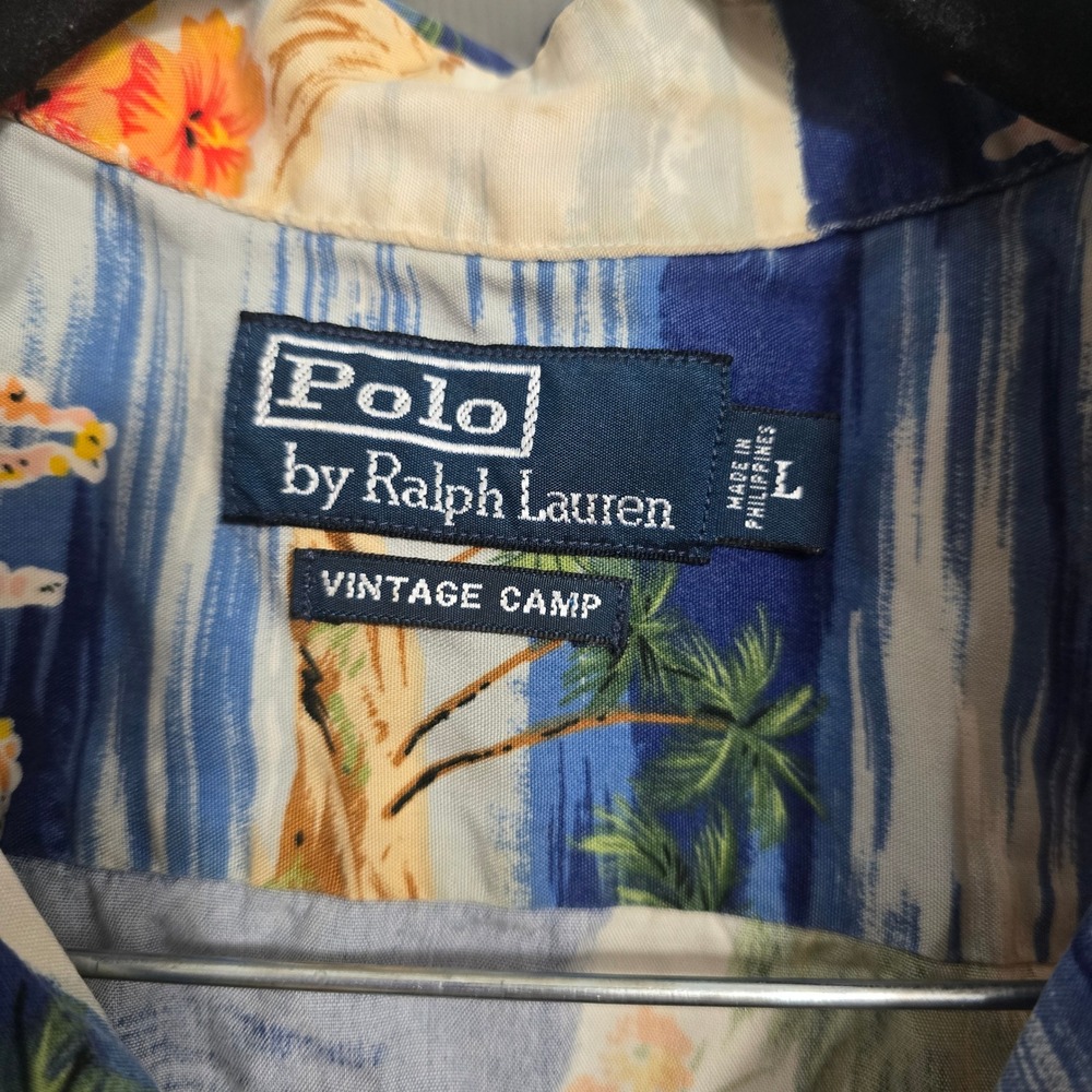 Polo Ralph Lauren Vintage Camp Shirt Mens Large Blue Hawaiian Hula Viscose Aloha - Picture 2 of 7